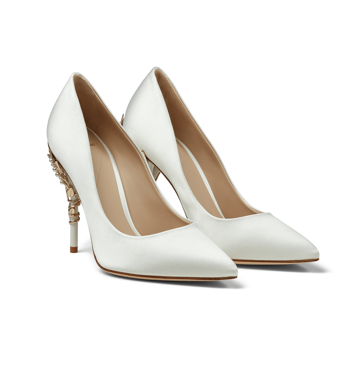 White Satin Eden Heels with Pearls and Gold Leaves